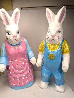 Vintage Style Hand-Painted Paper Mache Rabbit Figurine Pair - 17" Tall - Easter